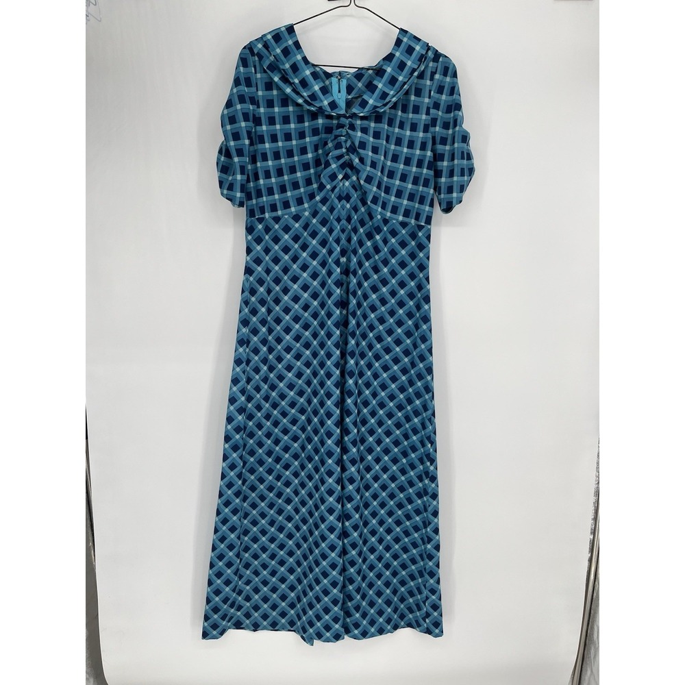 Vtg Blue Checkered Maxi‎ Dress Double Collar Puff Sleeve No Size Approx. M/L